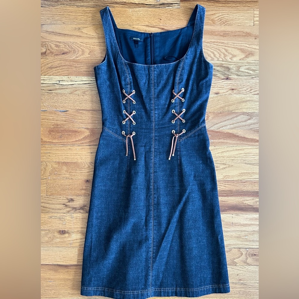 Escada Size 34 Denim Dress Womens Small US 4 Dark Blue Lace Up Corset Western